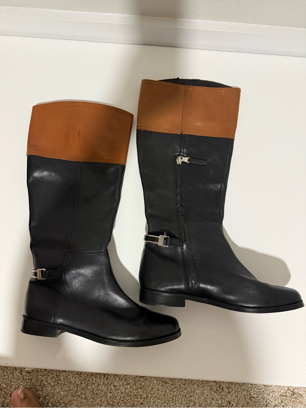 Lauren Ralph Lauren Black Leather Riding Boots with Brown Cuff